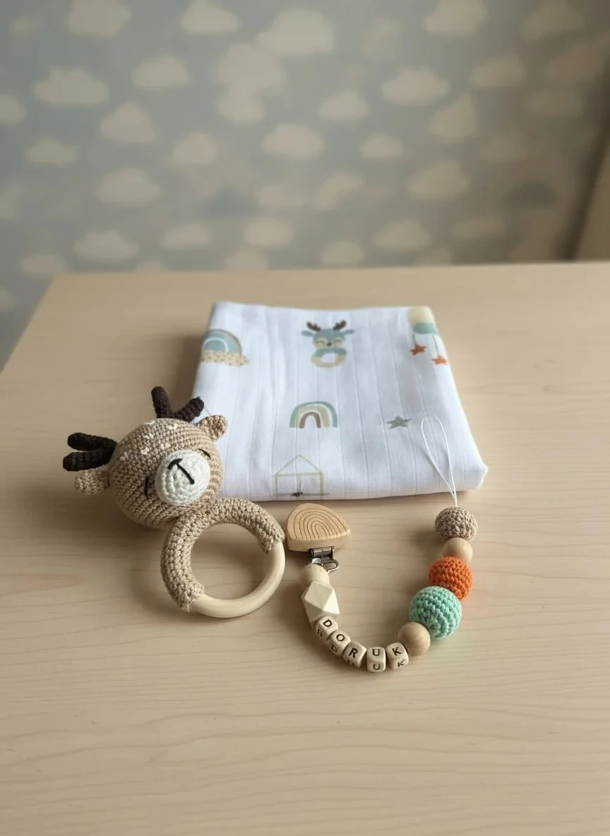 3’lü Doğal Bebek Seti | Desenli Müslin, Amigurumi Çıngırak ve Emzik Askısı